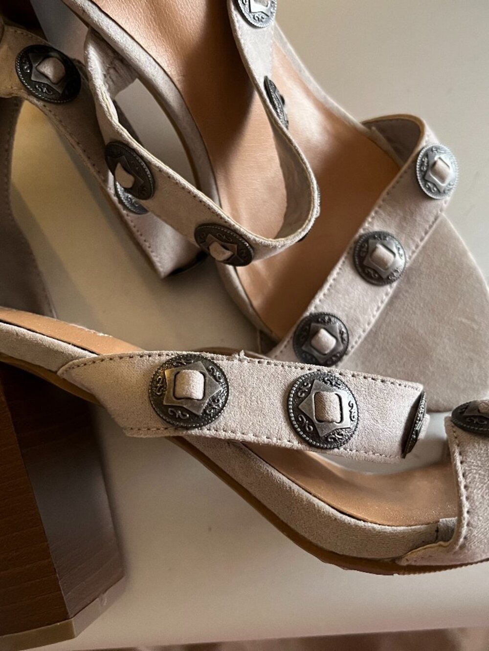 Chunky high heel beige sandals, size 8.5